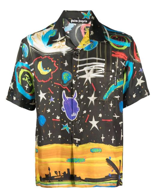 Palm Angels Blue Starry Night Cotton Bowling Shirt for men