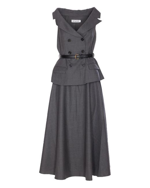 Self-Portrait Gray Wool Tailored Midi Dress