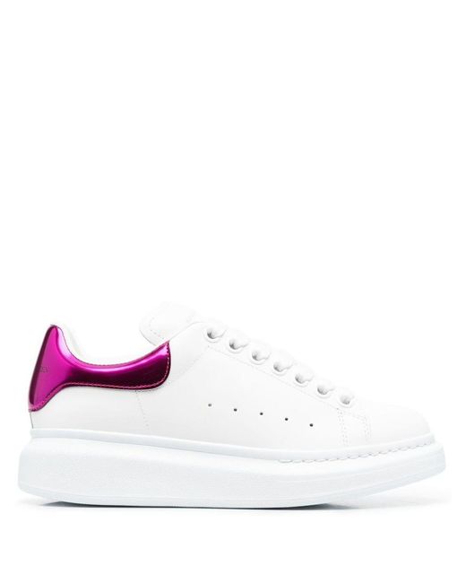 Alexander McQueen White Sneakers With Platform And Metallic Fuchsia Heel Tab In Leather