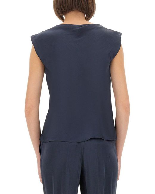 Theory Blue Cap Sleeve Satin Top With Design