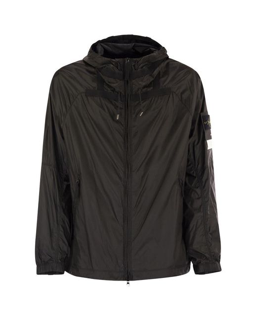 Stone Island Black Lightweight Hooded Jacket With Anti-Drip And Reflective Details for men