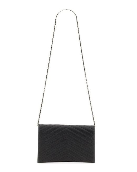 Saint Laurent White Quilted Textured Leather Monogram Wallet With Chain