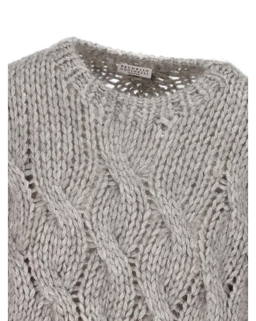 Brunello Cucinelli Gray Cable-knit Crewneck Jumper