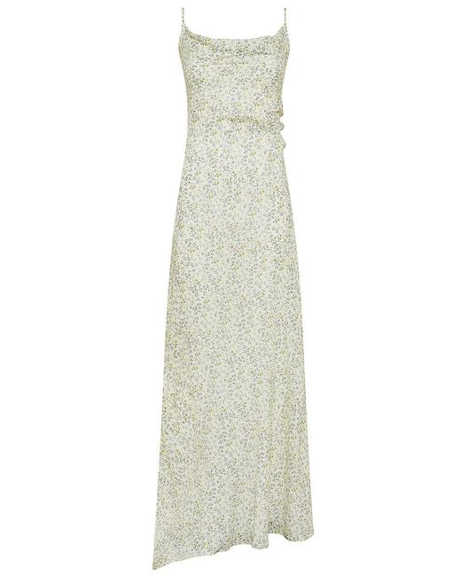 Mar De Margaritas White Kelly Long Viscose Dress With Floral Print And Front Slit