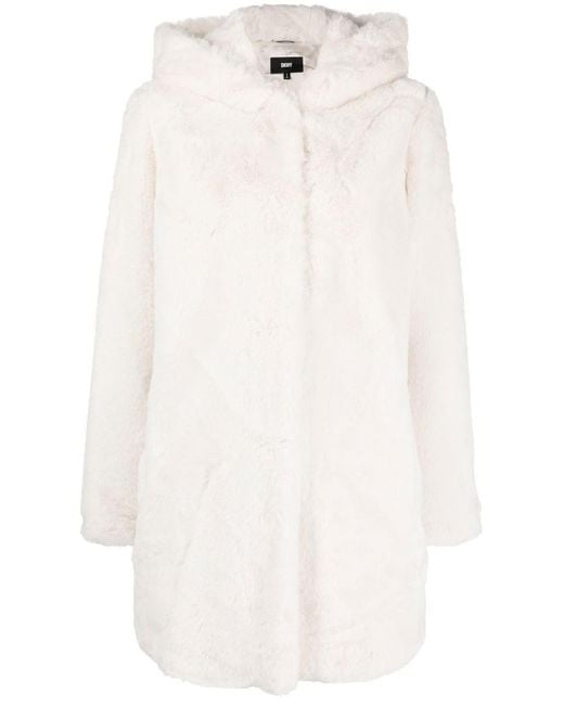 DKNY White Faux Fur Hooded Coat