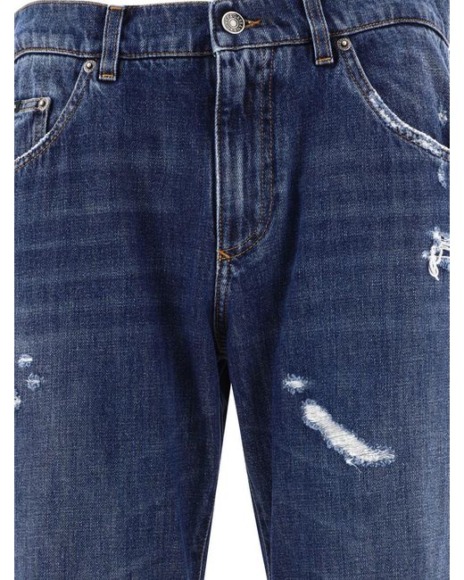 Dolce & Gabbana Blue Straight Leg Jeans With Ripped Details for men