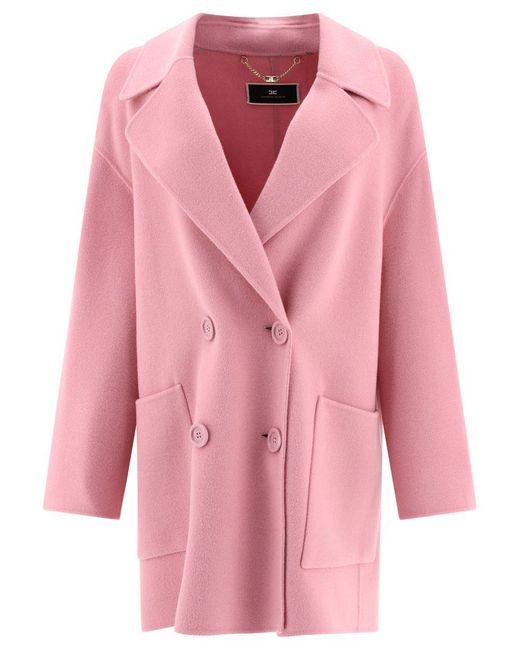 Elisabetta Franchi Pink Refeer Jacket-Cut Short Wool Coat