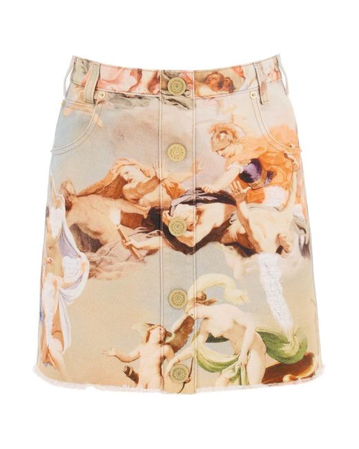 Balmain Brown Denim Mini Skirt With 'sky' Print