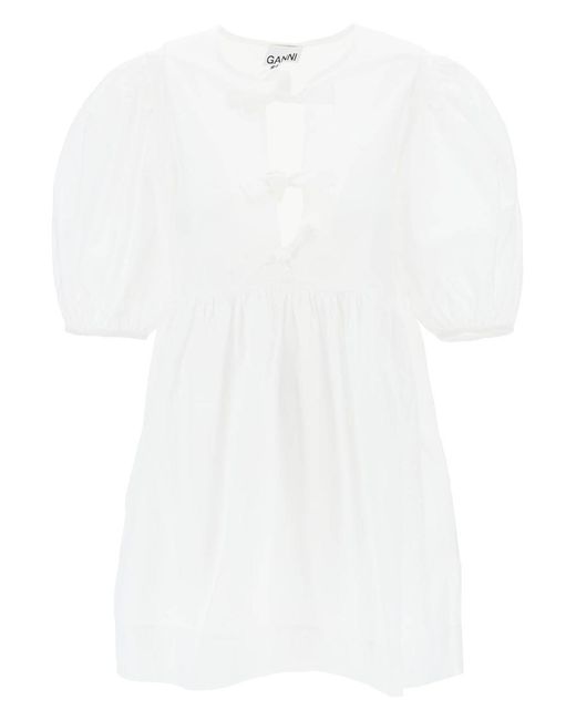 Ganni White Mini Poplin Dress With Balloon Sleeves