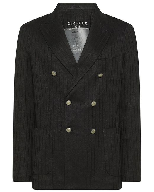 Circolo 1901 Black Double-Breasted Linen And Cotton Blazer With Stripes for men