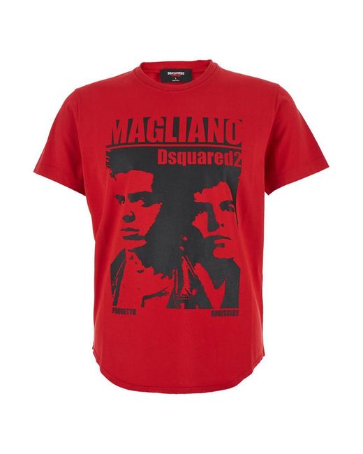 DSquared² Red 'D2 X Magliano' Crewneck T-Shirt With Maxi Print On The Front for men
