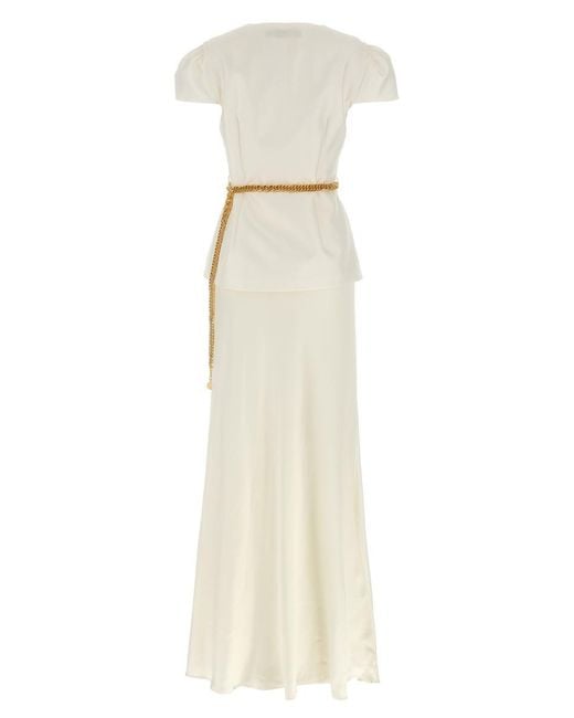 Self-Portrait White Cream Taffeta Chain Belt Maxi' Dress