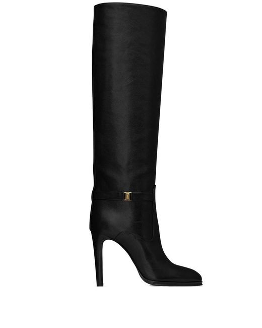 Saint Laurent Black Diane Buckled Glossed-leather Knee Boots