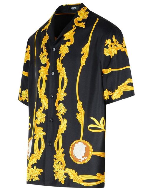 Versace Black Shirt With Cuban Collar And All-Over Graphic Print for men