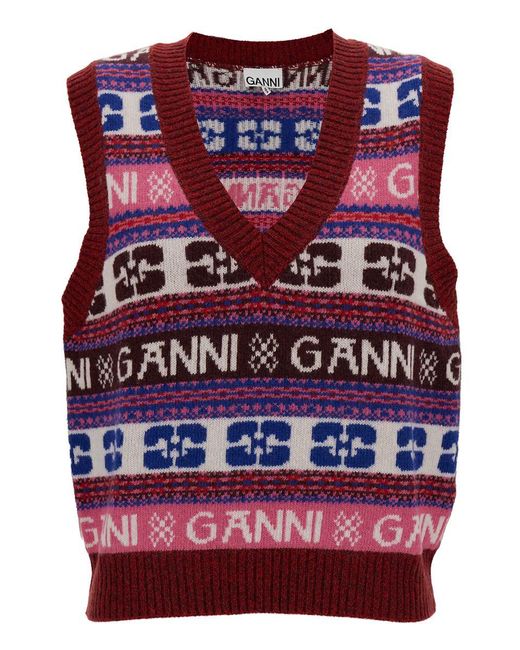 Ganni Red Knit Vest With Logo Motif