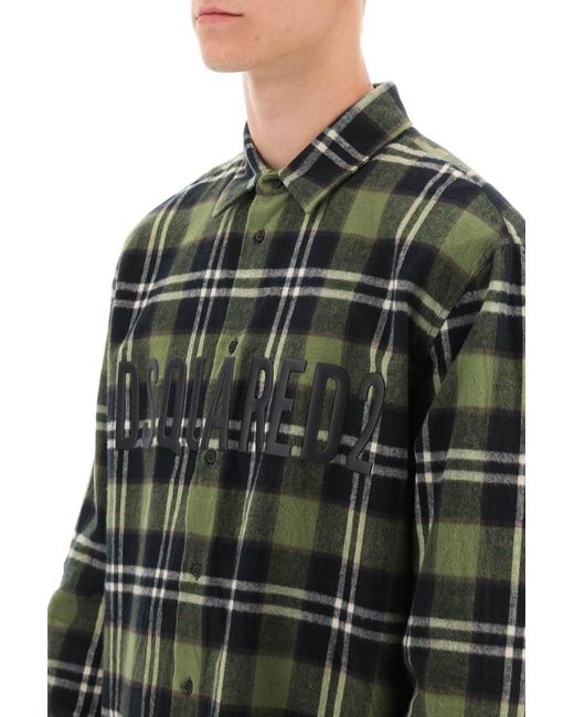 DSquared² Black Check Flannel Shirt With Rubberized Logo for men