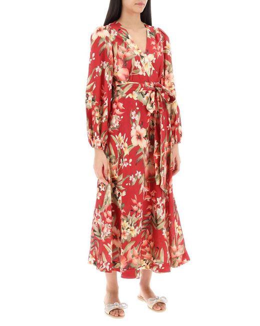 Zimmermann Red Lexi Wrap Dress With Floral Pattern