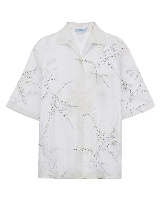 Prada White Floral-embroidered Short-sleeved Sheer Shirt