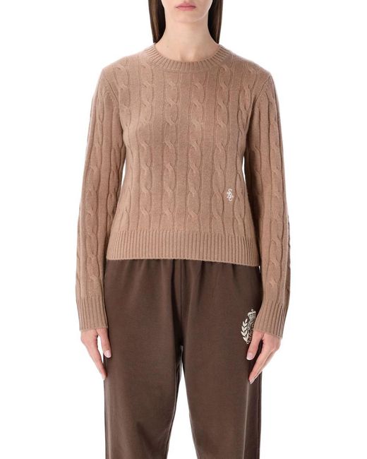 Sporty & Rich Brown Cropped Cable-knit Cashmere Sweater Camel