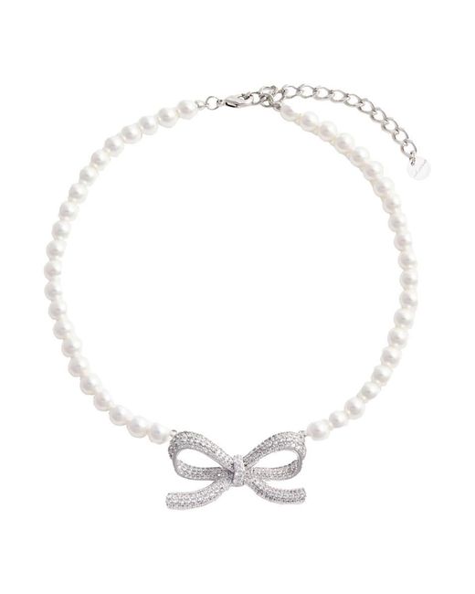 Self-Portrait White Metallic Faux-Pearls Necklace With Crystal Embellishments And Bow Charm