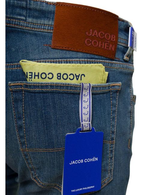 Jacob Cohen Blue Five-pocket Jeans With Branded Bandanna In Stretch Cotton Denim Man for men