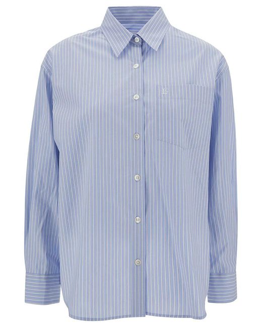 Low Classic Light Blue Relaxed Striped Shirt With Embroidered Logo In Cotton Woman