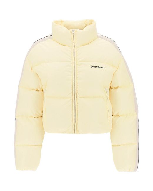 Palm Angels Natural Cropped Puffer Jacket With Bands On Sleeves