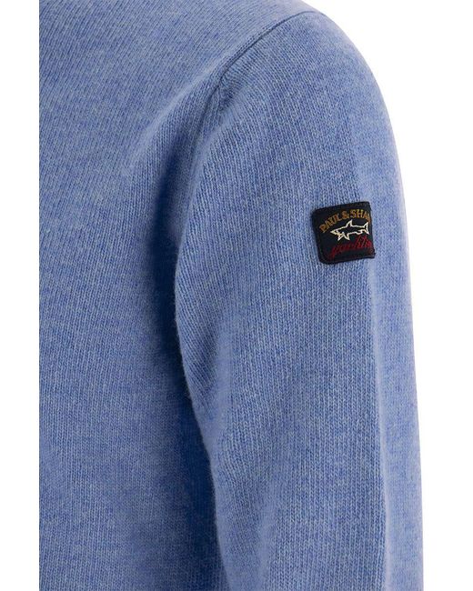 Paul & Shark Blue Wool Crew Neck With Arm Patch for men