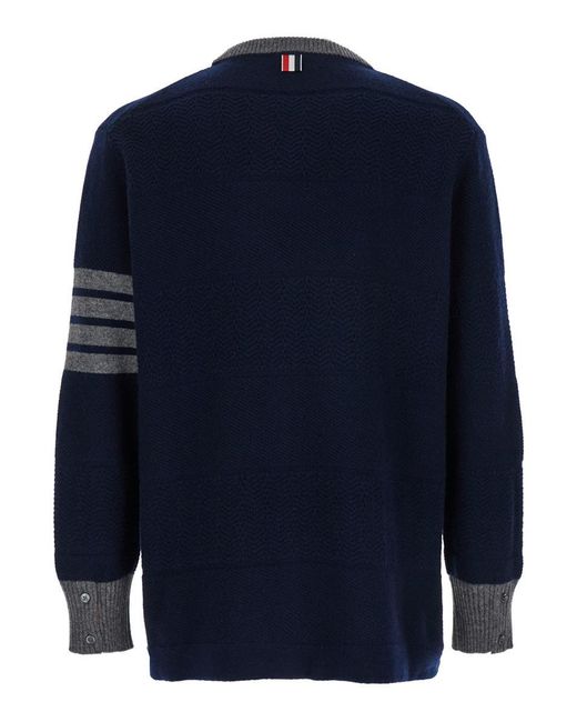 Thom Browne Blue And Knit Pullover With Bar Detail for men