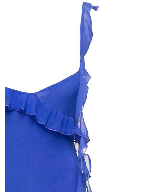 ANDAMANE Asymmetric Miranda Midi Dress With Ruffle-detailing In Blue Silk Woman