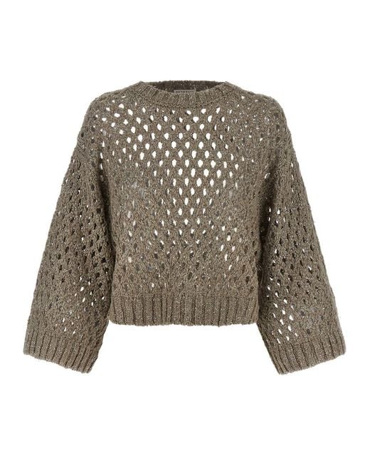 Brunello Cucinelli Gray 'rustic Dazzling Net' Cropped Sweater