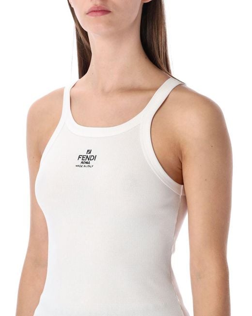 Fendi White Cotton Rib Sleeveless Top