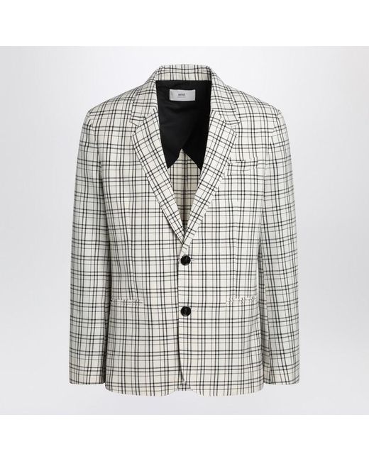 AMI Gray Single-Breasted Cream Check Jacket for men
