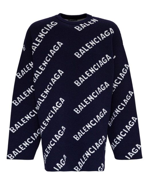 Balenciaga Blue Intarsia-knit Logo Jumper for men