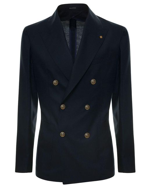 Tagliatore Blue Double-Breasted Jacket With Golden Buttons for men