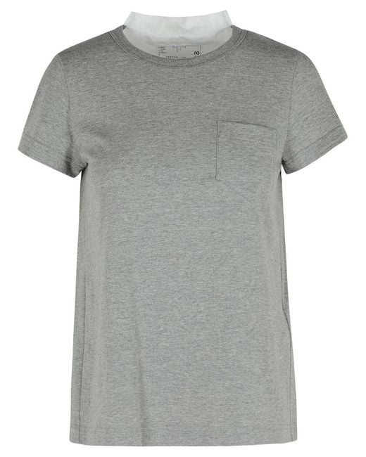Sacai Gray Ribbed Cotton T-Shirt With Pleated Back Insert