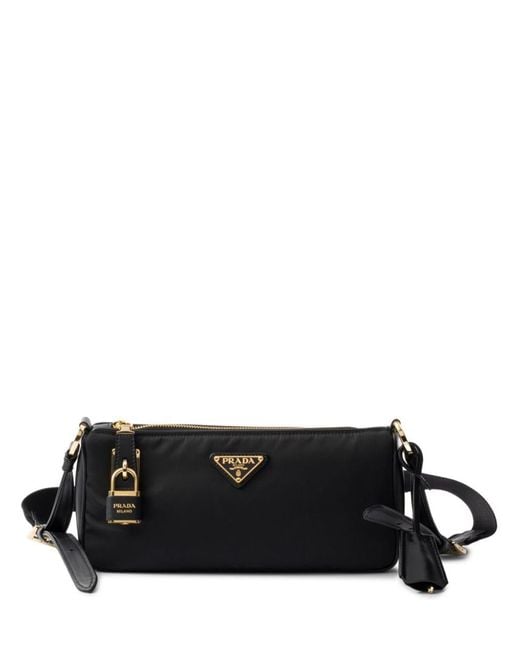 Prada Black Small Re-nylon And Leather Shoulder Bag With Padlock