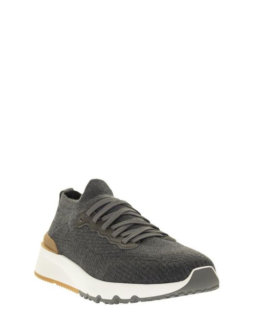 Brunello Cucinelli Gray Runners In Cotton Knit And Semi-glossy Calf Leather for men