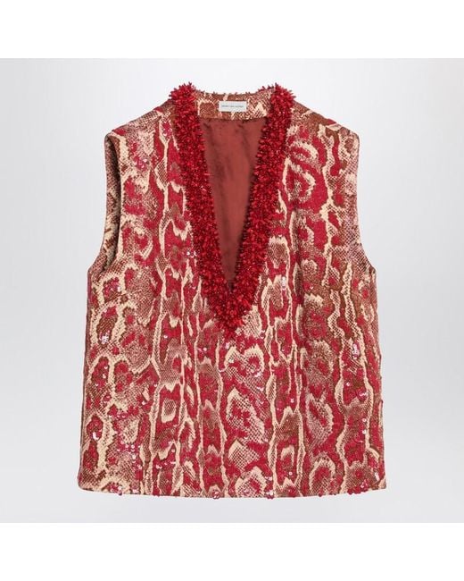 Dries Van Noten Red Sleeveless Top With Sequin Embroidery