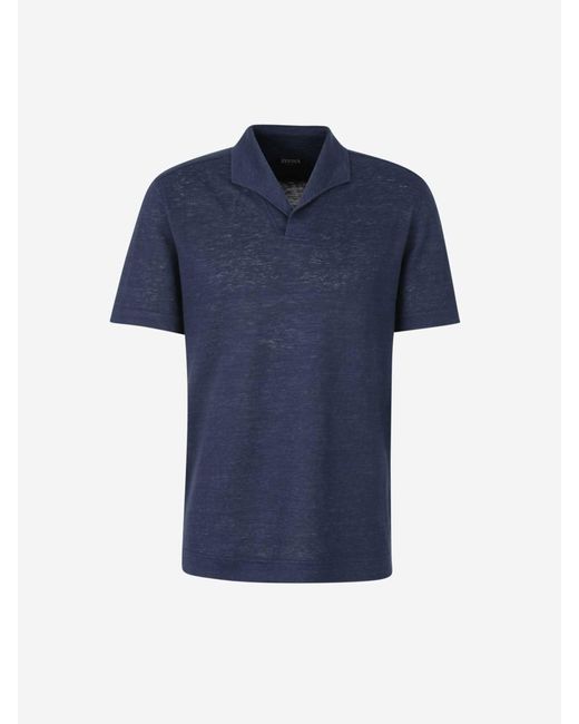 Zegna Blue Plain Linen Polo for men