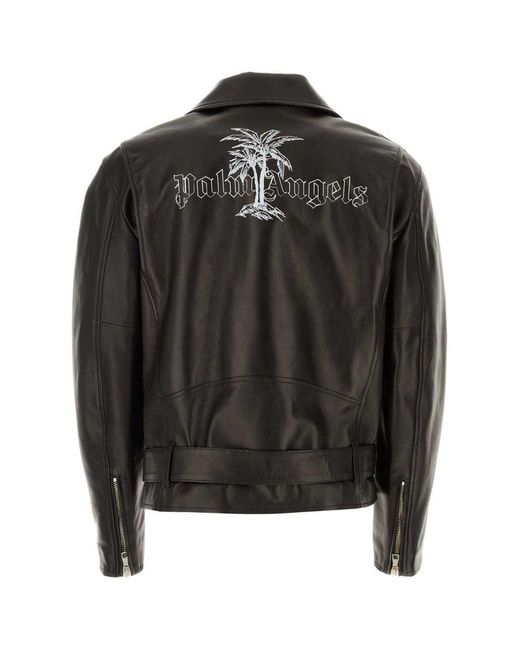 Palm Angels Black Logo-print Biker Leather Jacket for men