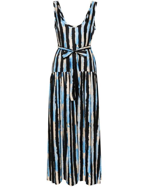 Pinko Blue Once Long Dress With Vertical Stripes And Belt