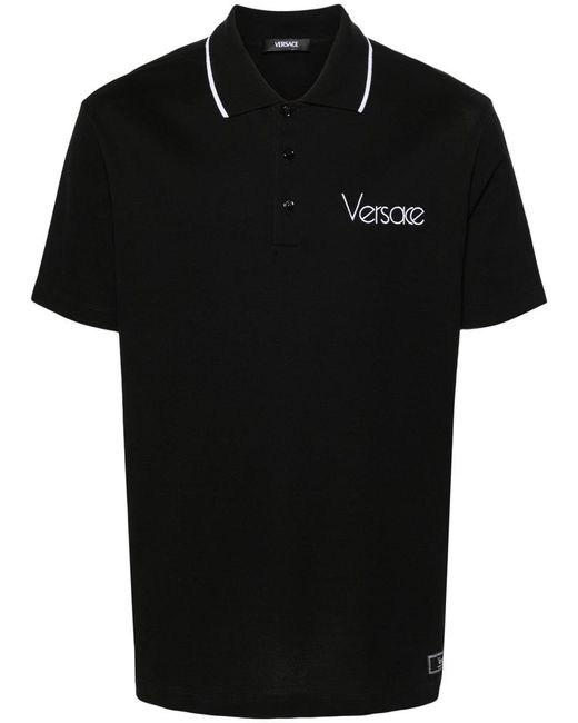 Versace Black Cotton Polo With Logo And Collar Stripe for men