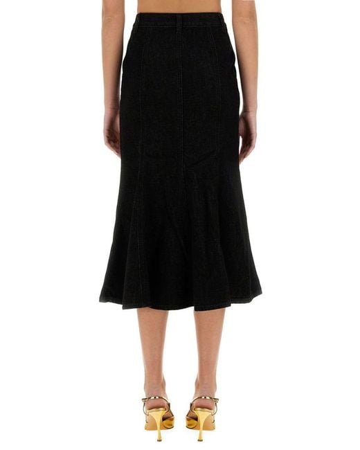 Self-Portrait Black Denim Flared Midi Skirt