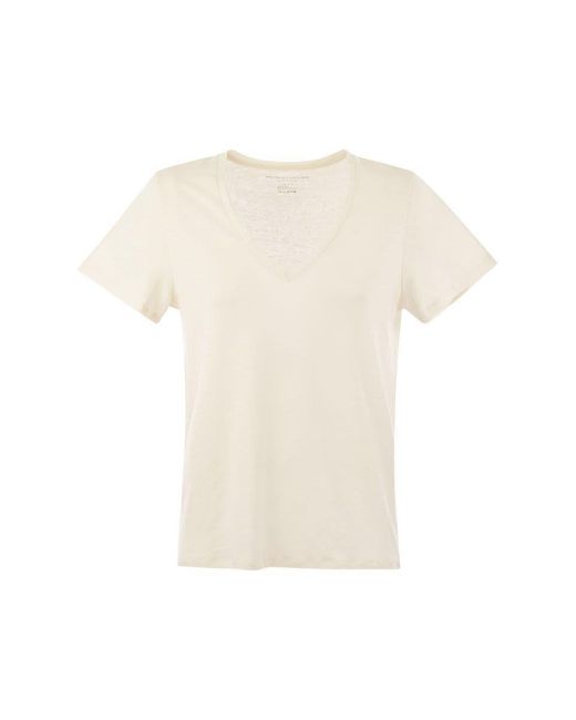 Majestic Filatures White Linen V-neck T-shirt With Short Sleeves