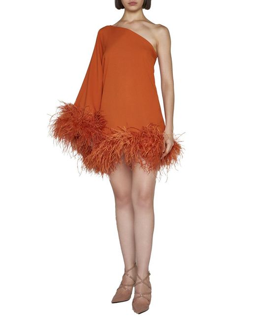 ‎Taller Marmo Orange Piccolo Ubud One-Shoulder Feather-Trimmed Crepe Mini Dress