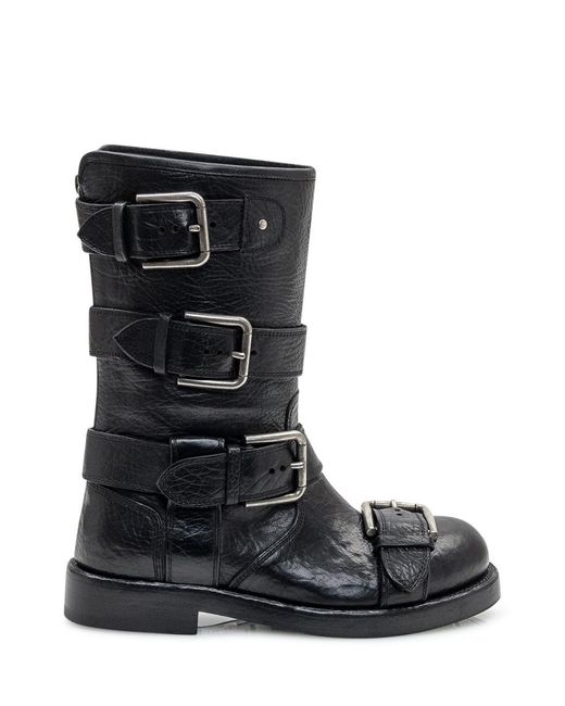 Dolce & Gabbana Black Leather Mid Calf Biker Boots Shoes