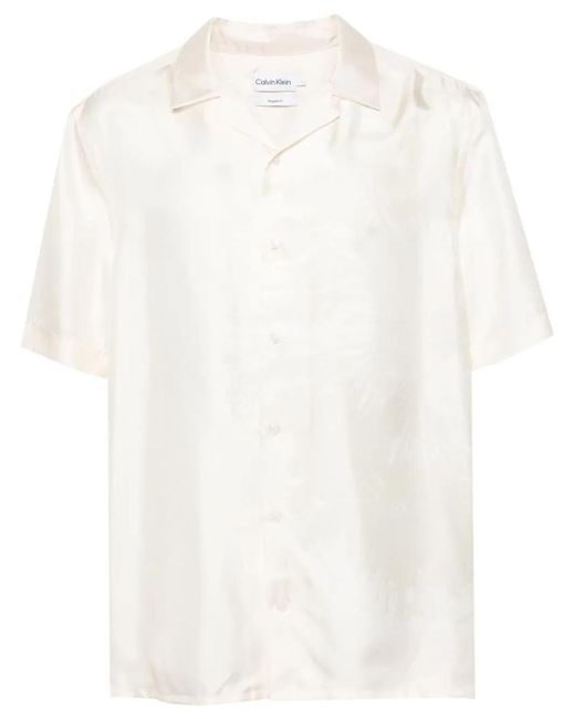 Calvin Klein White Satin Silk Flower S/S Shirt for men