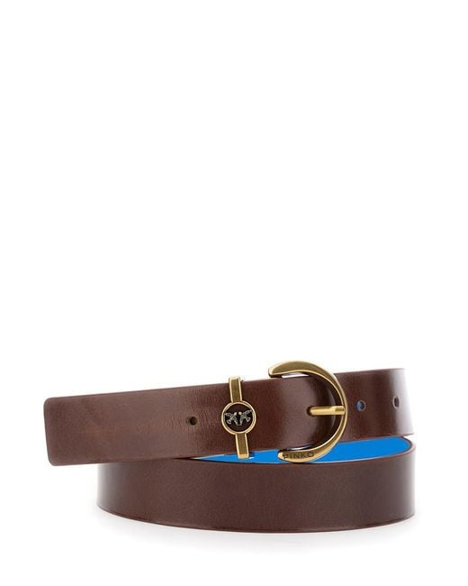 Pinko Brown Reversible Belt With Buckle Closure And Love Birds Diamond Cut Plaque On The Front