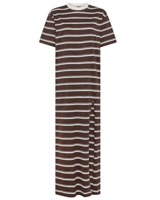 MSGM Brown Long Cotton Dress With Striped Pattern And Slit